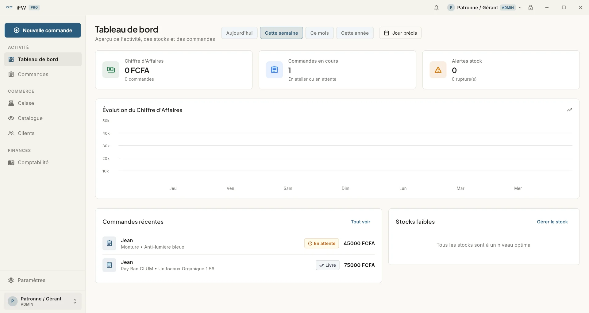 Cahier Opticien dashboard screenshot
